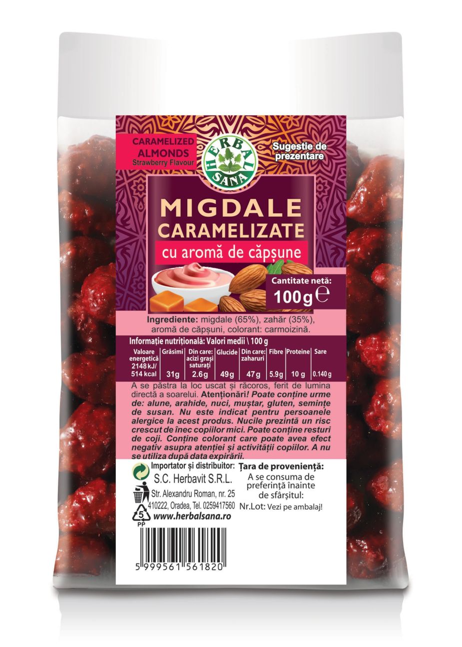 Migdale caramelizate cu aromă de căpșune - 100g