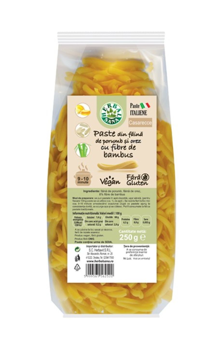 Paste din făină de porumb și orez cu fibre de bambus, Casarecce, 250g
