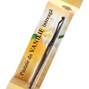 Packaging for whole vanilla paste; yellow-beige box with a glass vial containing vanilla beans, label reads 'Păstăie de VANILIE întreagă' and shows quantity '2 buc.'